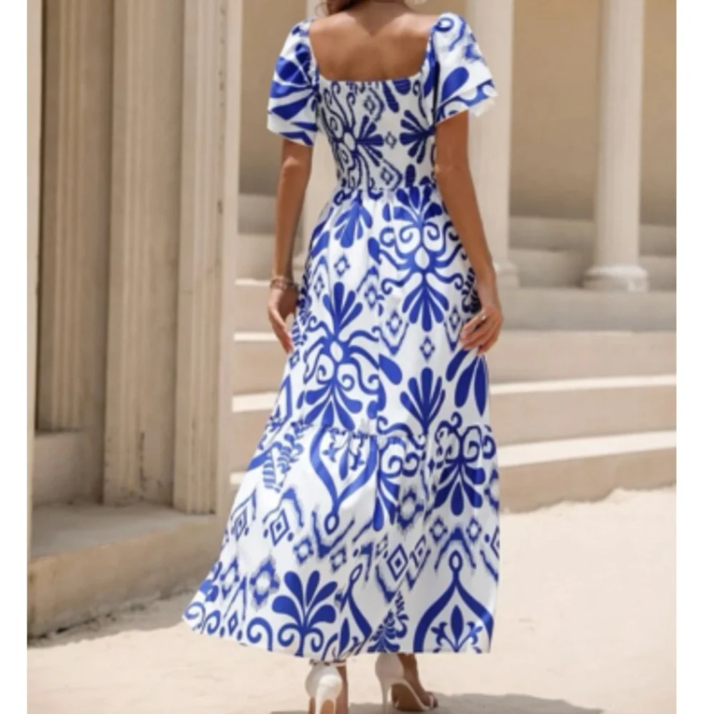 Boho  floral print shirred maxi dress